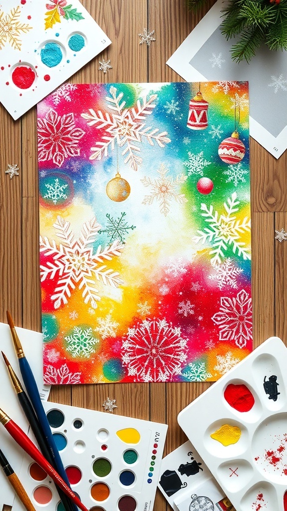 Christmas-Themed Background Paper Recipe Colorful Christmas-themed background paper with snowflakes and trees on a wooden table with craft supplies.